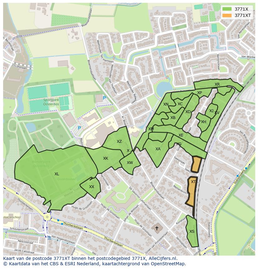 Afbeelding van het postcodegebied 3771 XT op de kaart.