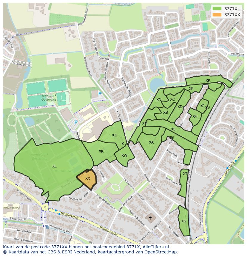 Afbeelding van het postcodegebied 3771 XX op de kaart.