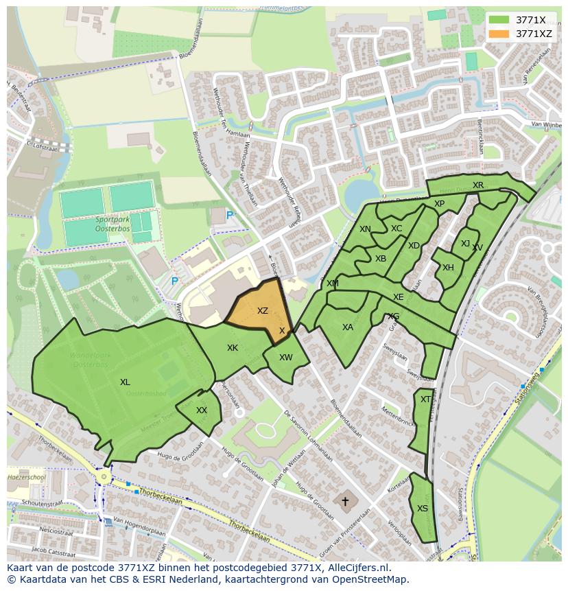 Afbeelding van het postcodegebied 3771 XZ op de kaart.