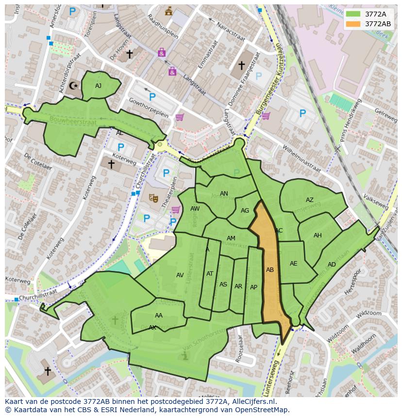 Afbeelding van het postcodegebied 3772 AB op de kaart.