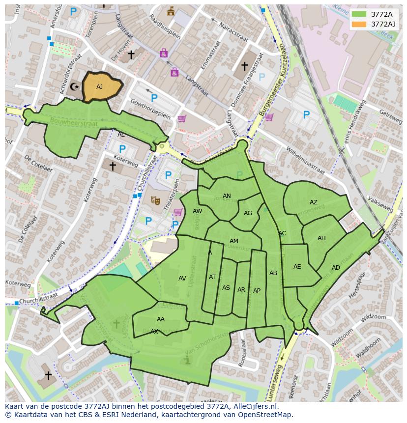 Afbeelding van het postcodegebied 3772 AJ op de kaart.
