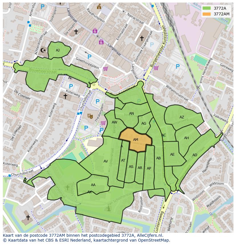 Afbeelding van het postcodegebied 3772 AM op de kaart.