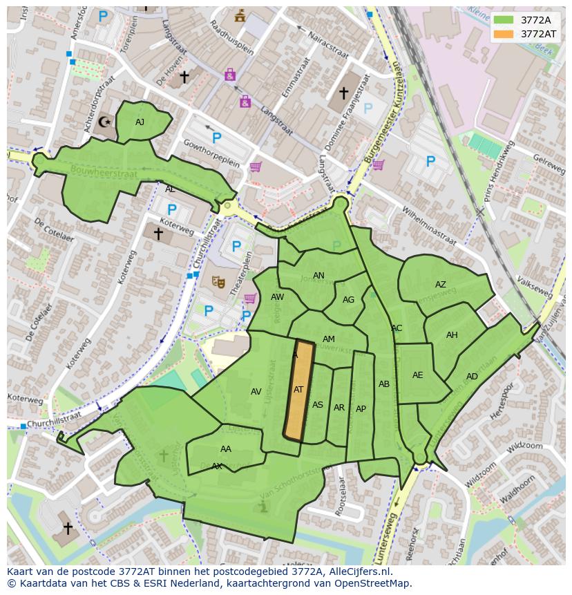 Afbeelding van het postcodegebied 3772 AT op de kaart.