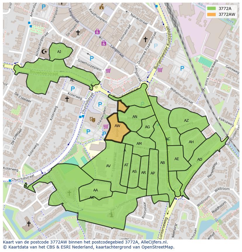 Afbeelding van het postcodegebied 3772 AW op de kaart.
