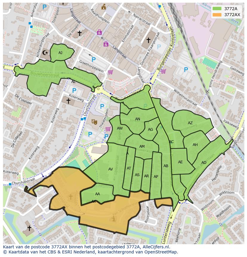 Afbeelding van het postcodegebied 3772 AX op de kaart.