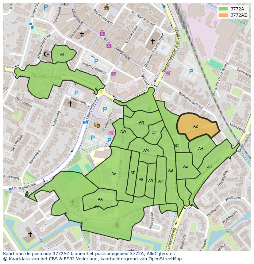 Afbeelding van het postcodegebied 3772 AZ op de kaart.