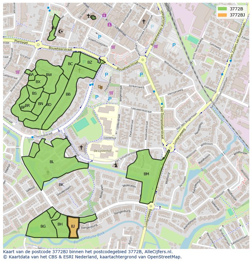 Afbeelding van het postcodegebied 3772 BJ op de kaart.