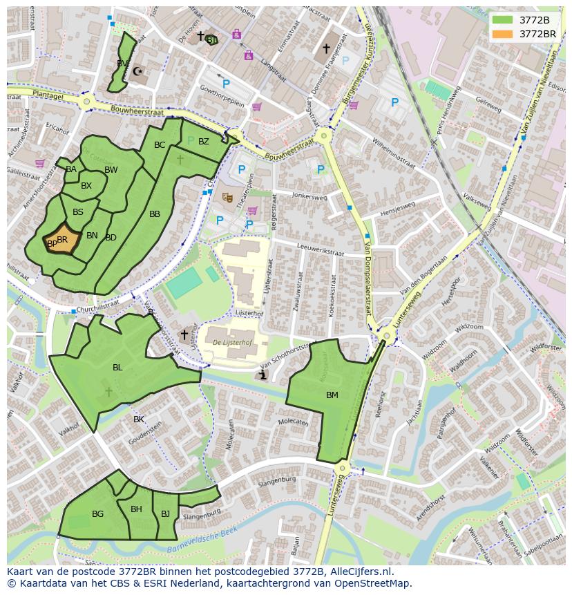 Afbeelding van het postcodegebied 3772 BR op de kaart.