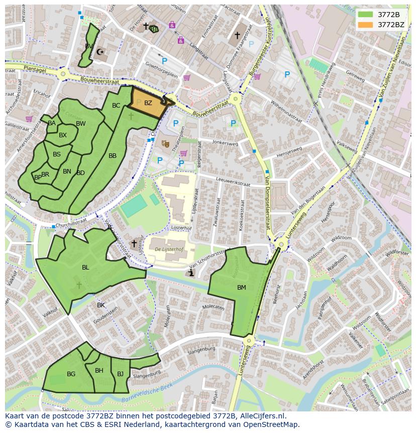 Afbeelding van het postcodegebied 3772 BZ op de kaart.