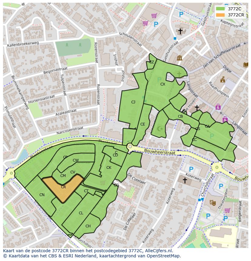 Afbeelding van het postcodegebied 3772 CR op de kaart.