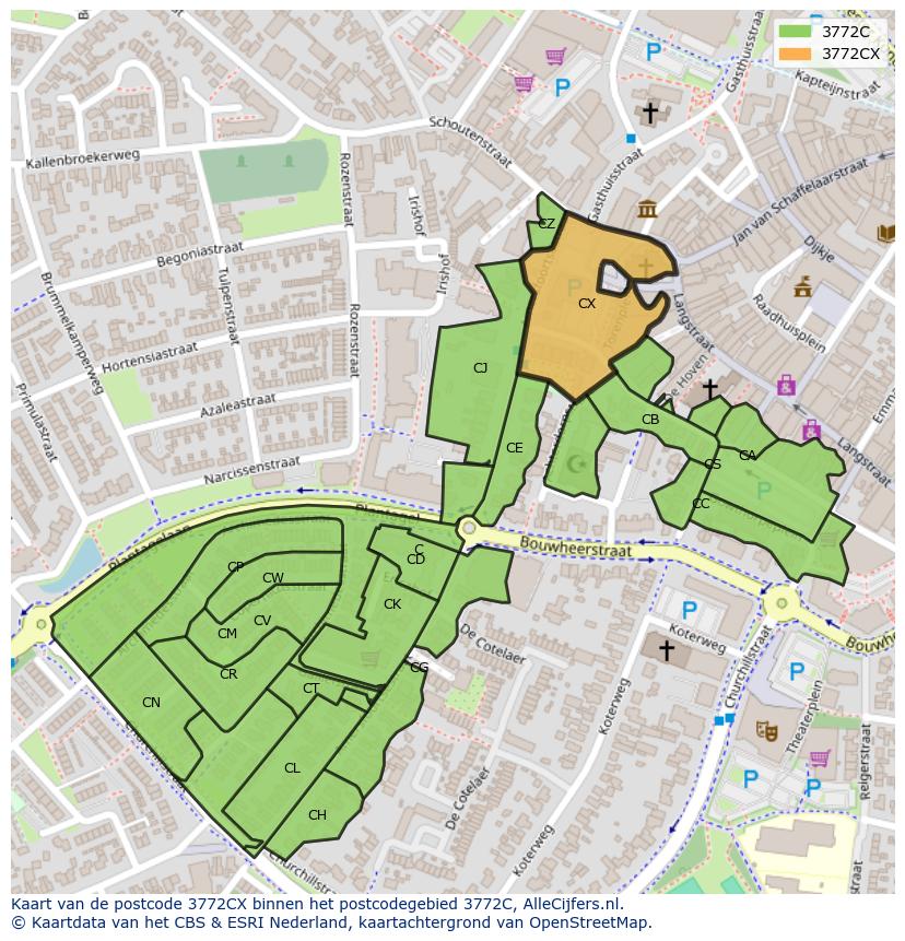Afbeelding van het postcodegebied 3772 CX op de kaart.