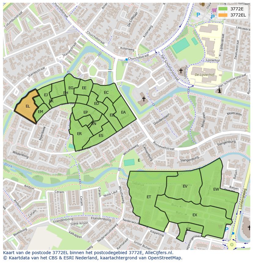 Afbeelding van het postcodegebied 3772 EL op de kaart.