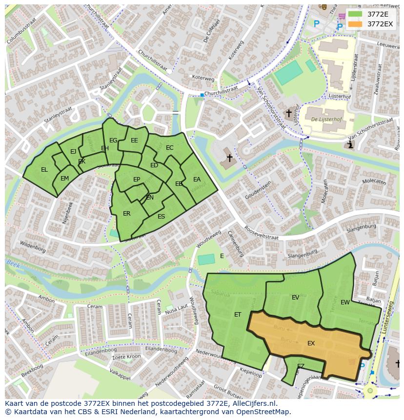 Afbeelding van het postcodegebied 3772 EX op de kaart.