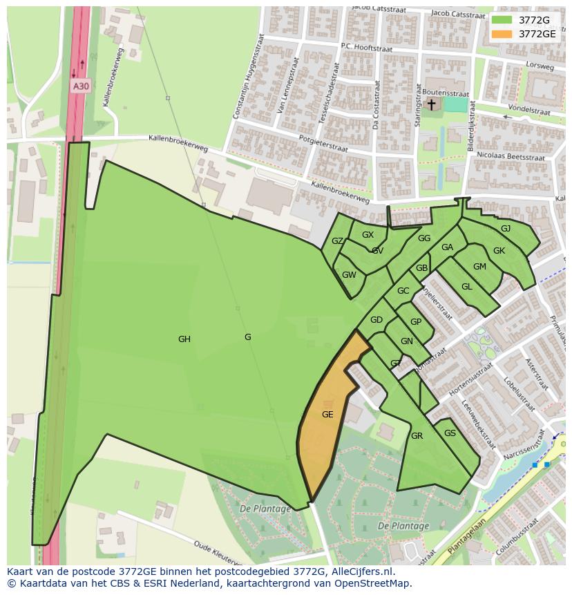Afbeelding van het postcodegebied 3772 GE op de kaart.