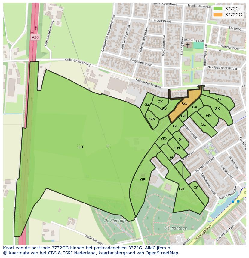 Afbeelding van het postcodegebied 3772 GG op de kaart.