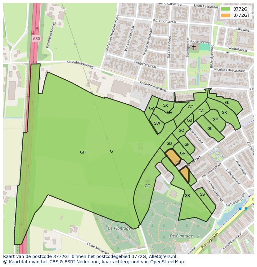 Afbeelding van het postcodegebied 3772 GT op de kaart.