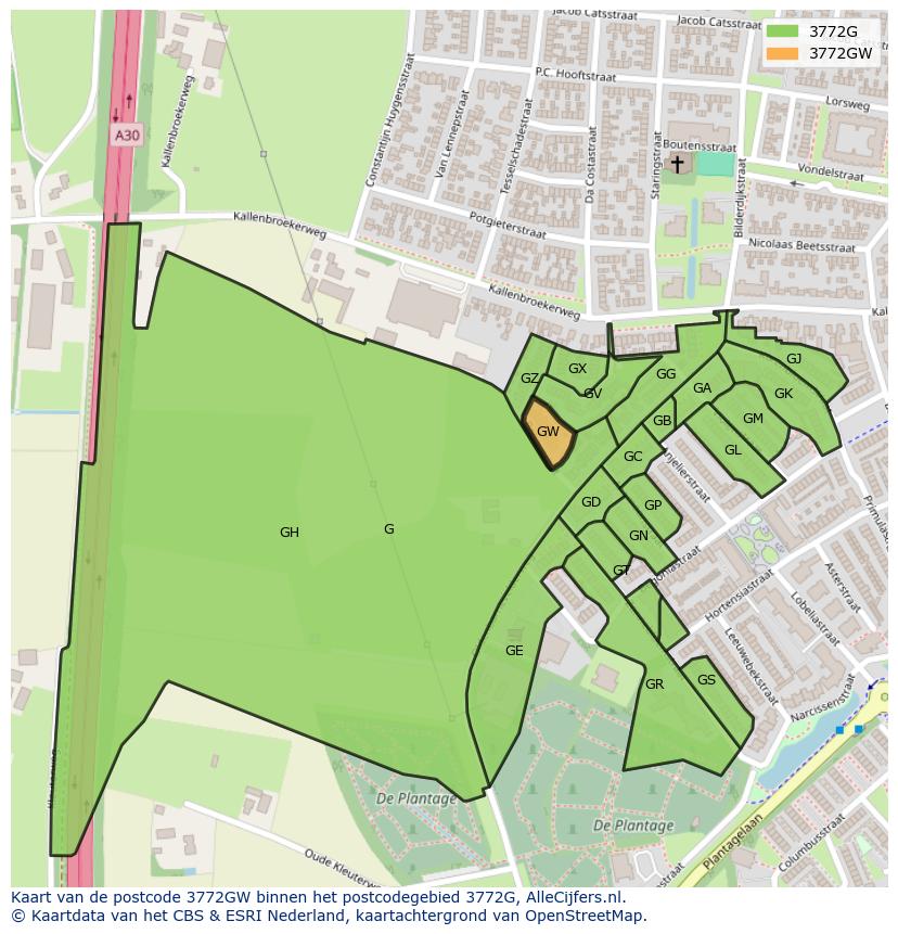 Afbeelding van het postcodegebied 3772 GW op de kaart.