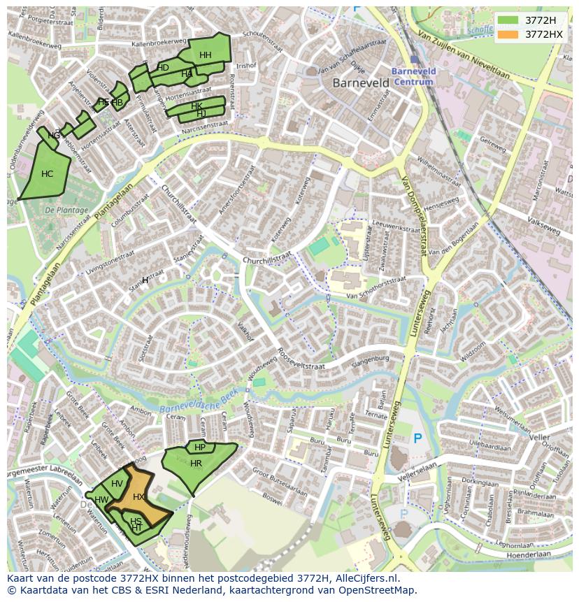 Afbeelding van het postcodegebied 3772 HX op de kaart.