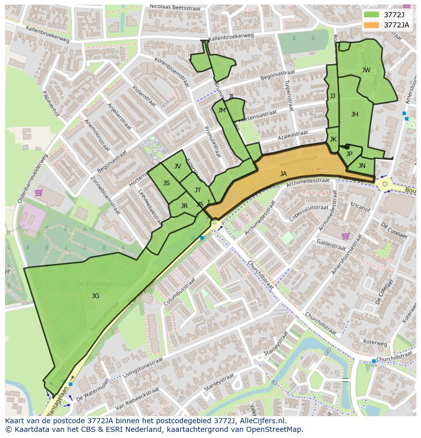 Afbeelding van het postcodegebied 3772 JA op de kaart.