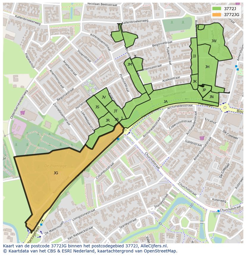 Afbeelding van het postcodegebied 3772 JG op de kaart.
