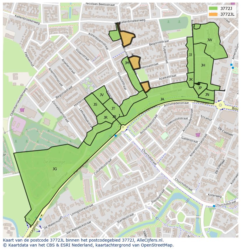 Afbeelding van het postcodegebied 3772 JL op de kaart.