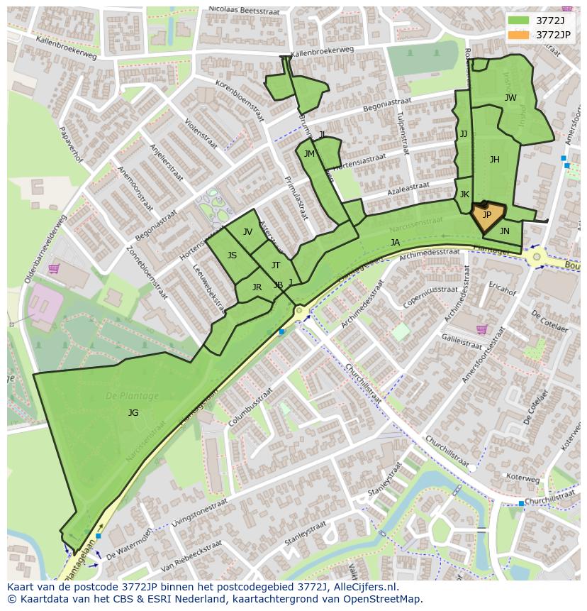 Afbeelding van het postcodegebied 3772 JP op de kaart.