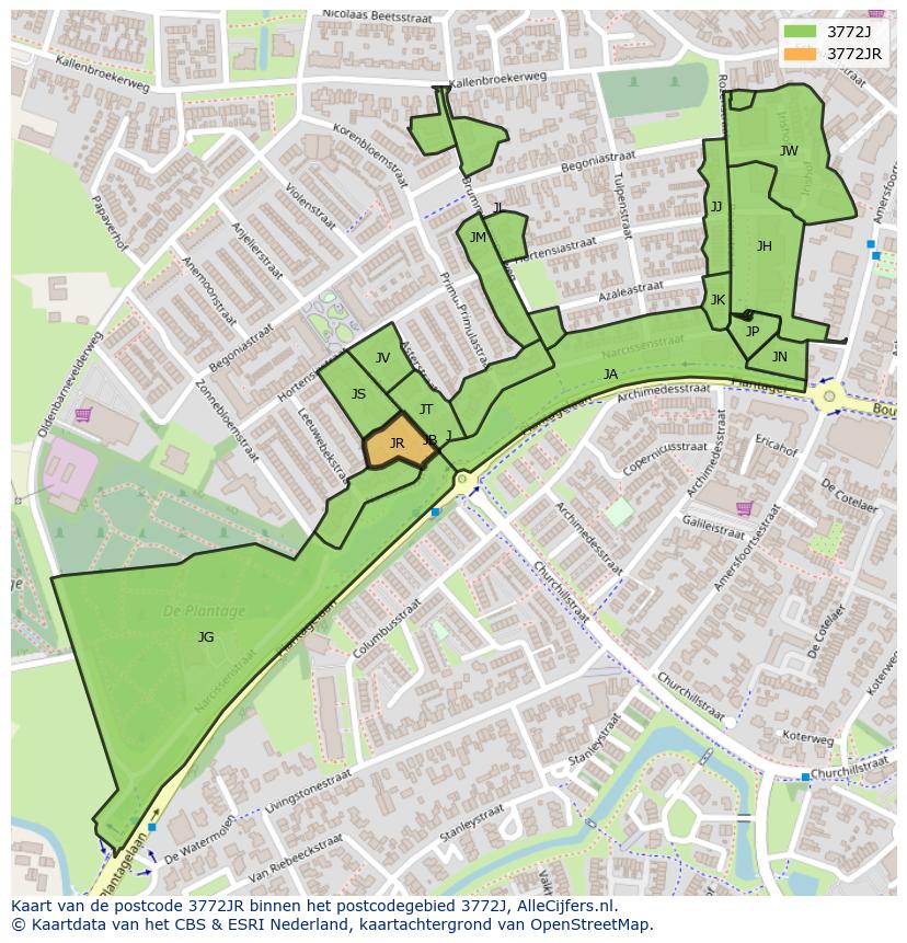 Afbeelding van het postcodegebied 3772 JR op de kaart.