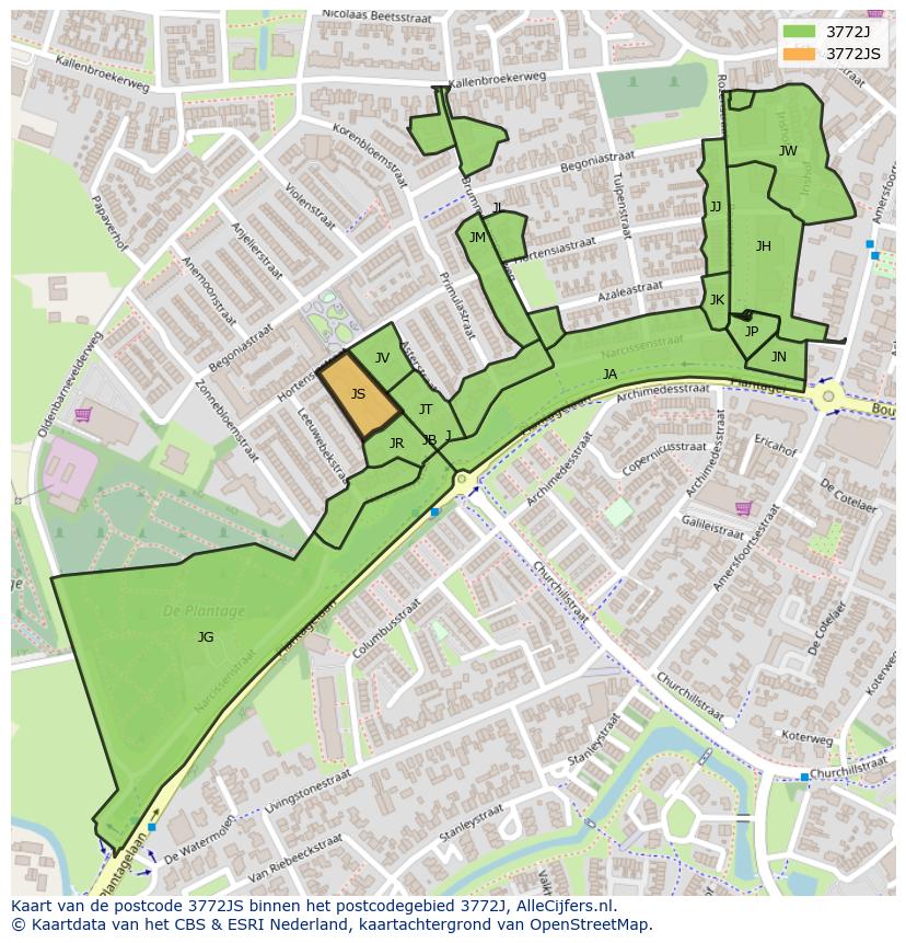 Afbeelding van het postcodegebied 3772 JS op de kaart.