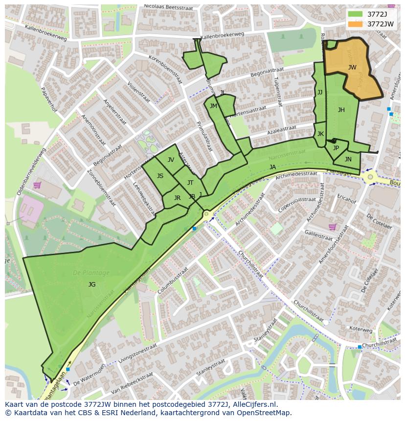 Afbeelding van het postcodegebied 3772 JW op de kaart.