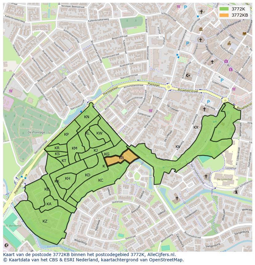 Afbeelding van het postcodegebied 3772 KB op de kaart.