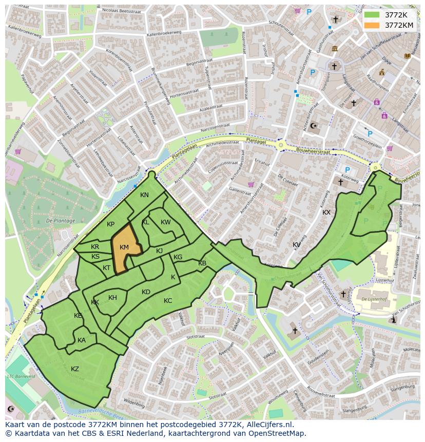 Afbeelding van het postcodegebied 3772 KM op de kaart.