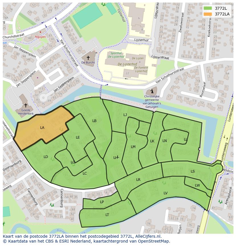 Afbeelding van het postcodegebied 3772 LA op de kaart.