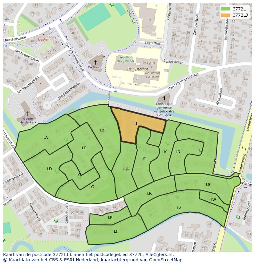 Afbeelding van het postcodegebied 3772 LJ op de kaart.