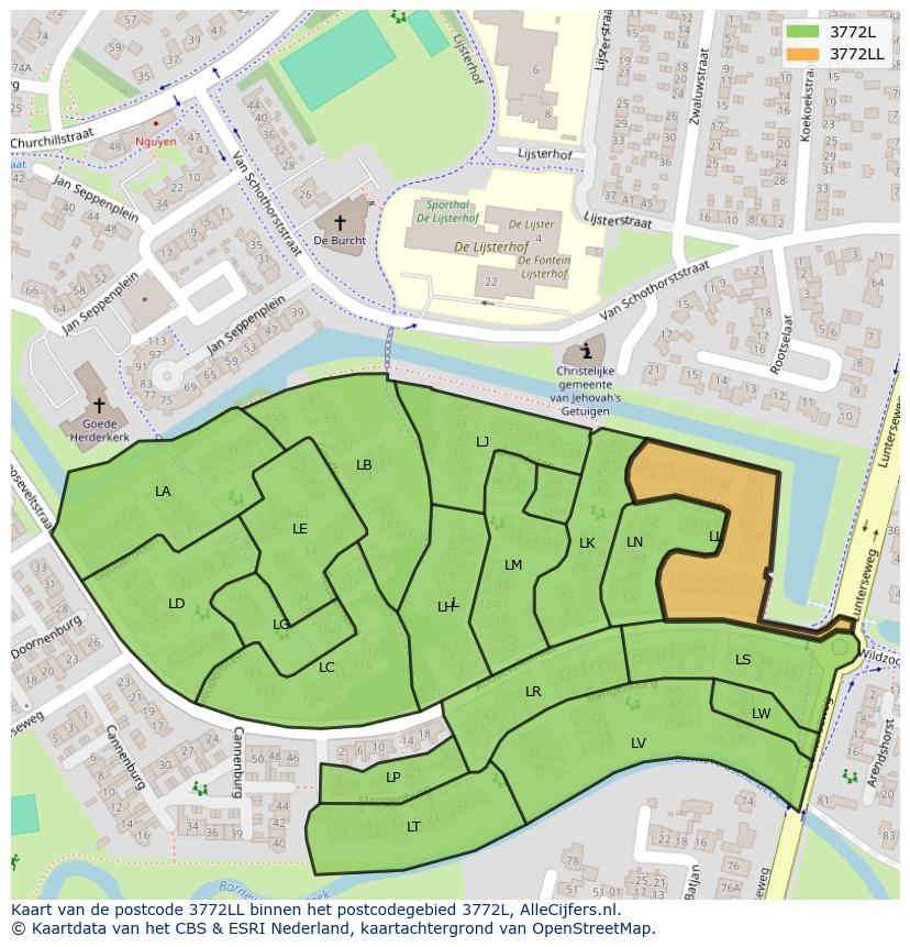 Afbeelding van het postcodegebied 3772 LL op de kaart.