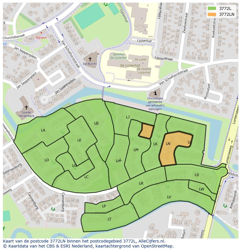 Afbeelding van het postcodegebied 3772 LN op de kaart.