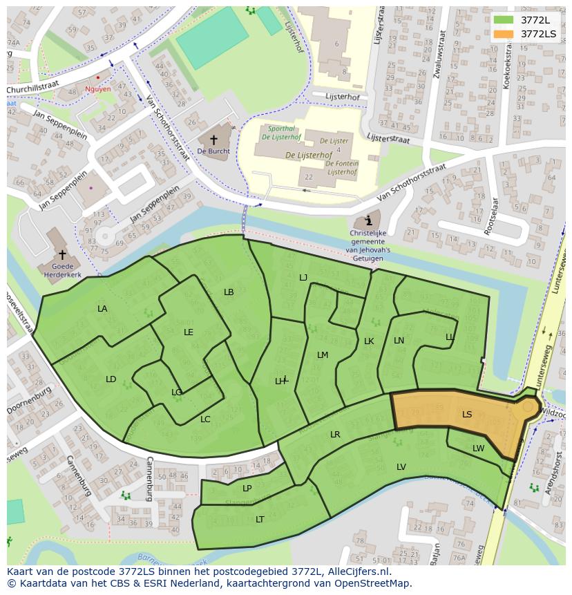 Afbeelding van het postcodegebied 3772 LS op de kaart.