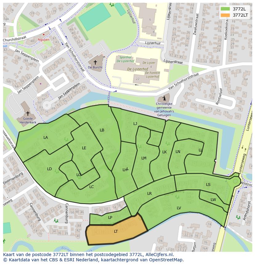 Afbeelding van het postcodegebied 3772 LT op de kaart.