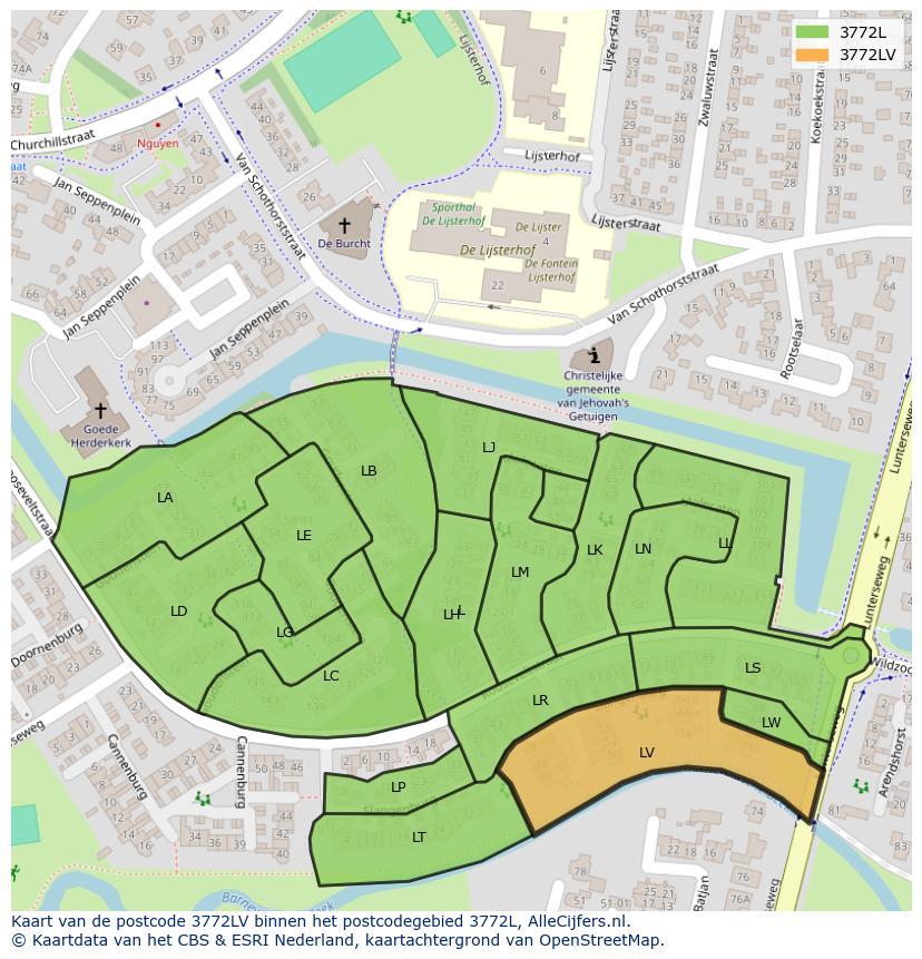Afbeelding van het postcodegebied 3772 LV op de kaart.