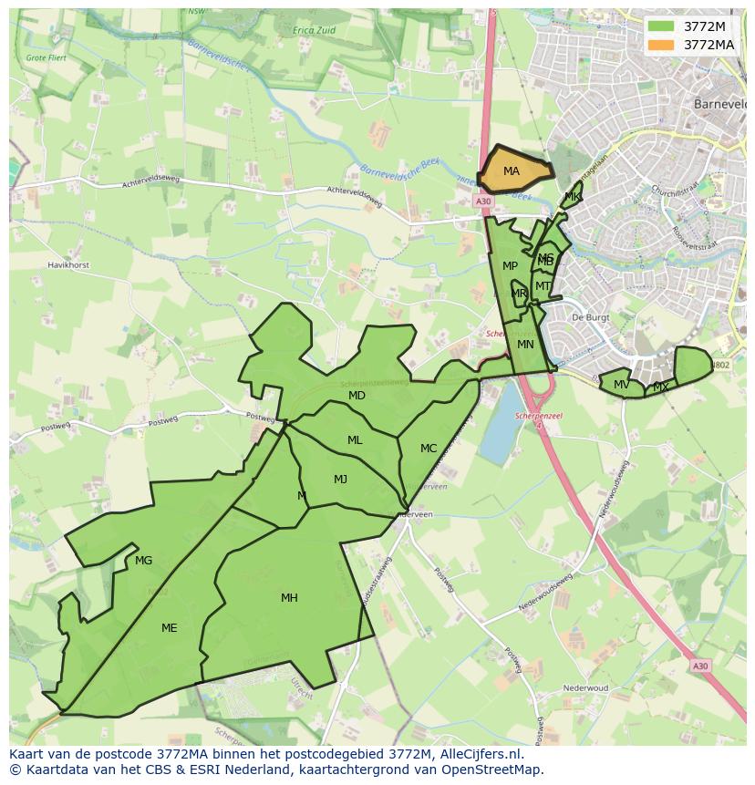Afbeelding van het postcodegebied 3772 MA op de kaart.