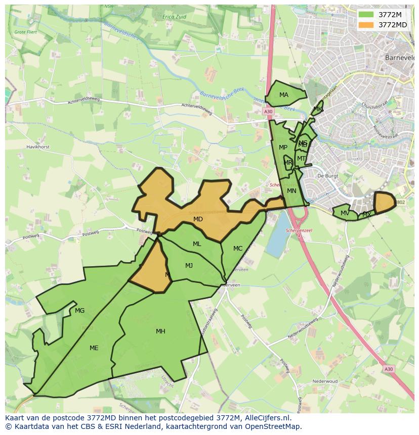 Afbeelding van het postcodegebied 3772 MD op de kaart.