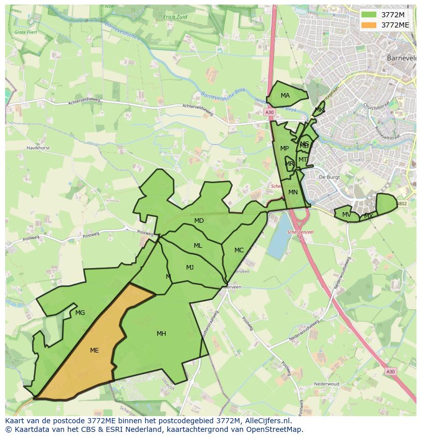 Afbeelding van het postcodegebied 3772 ME op de kaart.