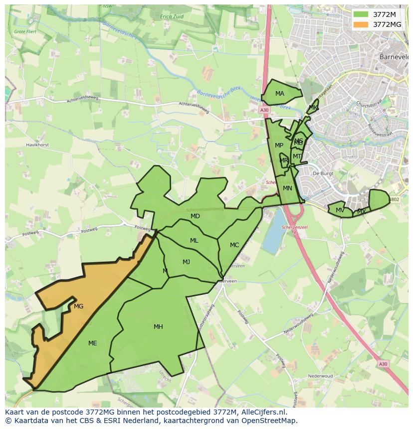 Afbeelding van het postcodegebied 3772 MG op de kaart.