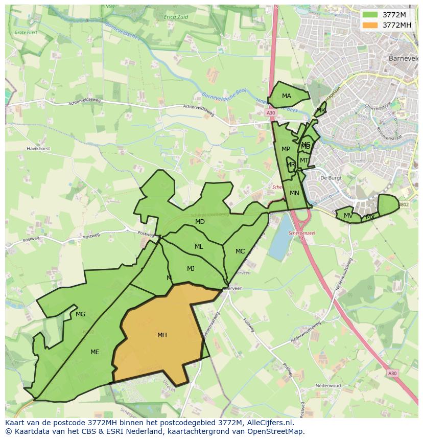 Afbeelding van het postcodegebied 3772 MH op de kaart.