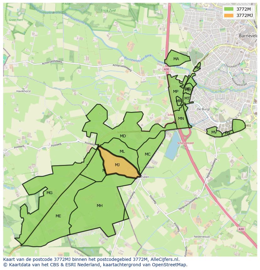 Afbeelding van het postcodegebied 3772 MJ op de kaart.