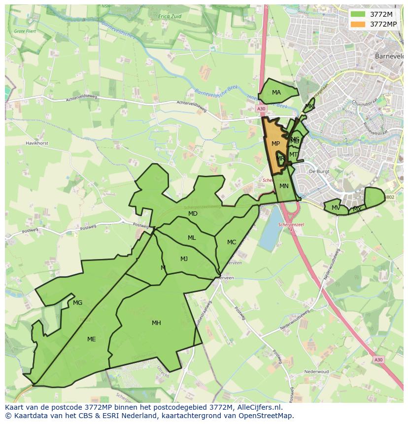 Afbeelding van het postcodegebied 3772 MP op de kaart.