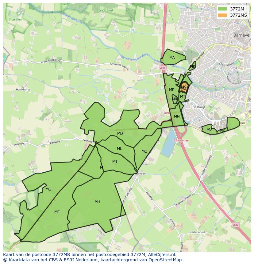 Afbeelding van het postcodegebied 3772 MS op de kaart.