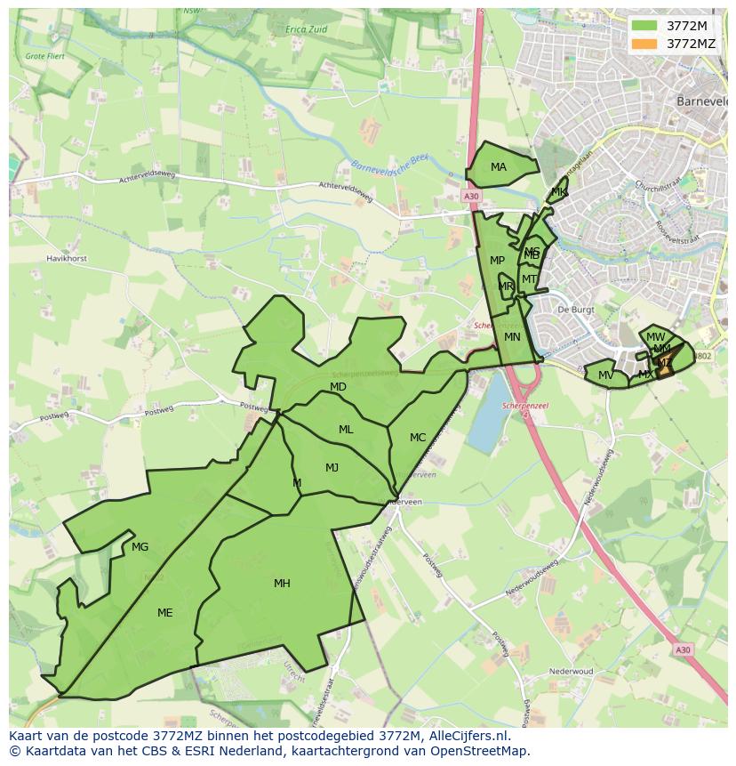 Afbeelding van het postcodegebied 3772 MZ op de kaart.