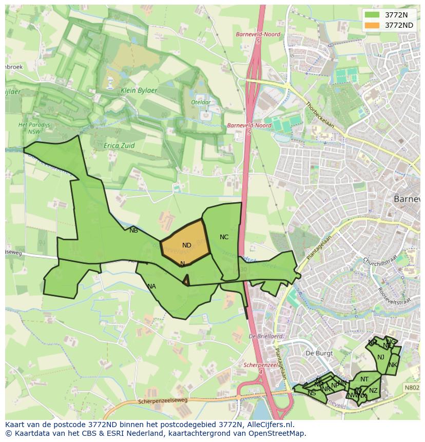 Afbeelding van het postcodegebied 3772 ND op de kaart.
