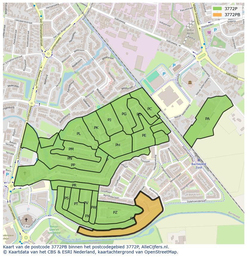 Afbeelding van het postcodegebied 3772 PB op de kaart.