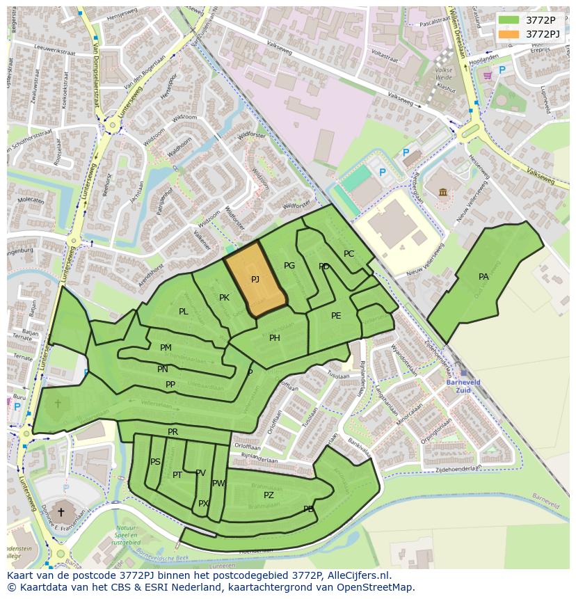 Afbeelding van het postcodegebied 3772 PJ op de kaart.